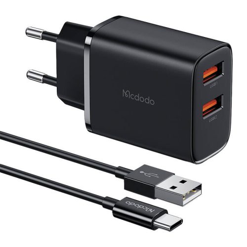 Mcdodo CH-5072 USB-A*2, 12W-os töltő + USB-A USB-C kábel (fekete)